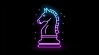 Glowing neon chess knight piece in vibrant blue and purple colors against black background for gaming and strategy concepts.