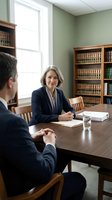 Female attorney with gray hair in dark blazer and white blouse consults with male client at wooden desk in law office library with green walls and legal books on shelves behind her.