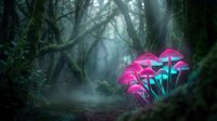 Glowing pink and blue bioluminescent mushrooms in dark mystical forest with fog and twisted trees creating magical fantasy atmosphere for digital art projects.