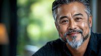 Confident mature Asian businessman with gray beard smiling warmly in modern office environment, representing leadership and professional success.