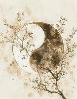 Mystical crescent moon with delicate tree branches in sepia watercolor style, featuring ethereal botanical silhouettes against lunar glow on textured background.