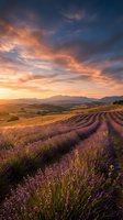 Lavender field rows stretching toward mountains under dramatic sunset sky with orange and purple clouds creating romantic agricultural landscape.