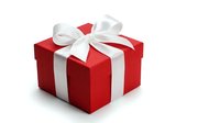 Red gift box with white satin ribbon bow, isolated on white background. Festive holiday present for Christmas, birthday, or celebration.
