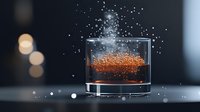 Magical sparkling particles float above glass of copper-colored liquid against dark background with bokeh lights, creating mystical beverage atmosphere.