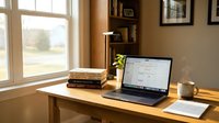 Cozy home office workspace with laptop computer on wooden desk by window. Warm natural lighting creates productive work from home environment for remote work.