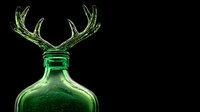 Glowing green glass bottle with deer antlers emerging from top against black background, creating mystical forest potion effect.