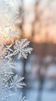 Delicate frost crystals forming intricate patterns on window glass with warm bokeh background creating magical winter atmosphere for seasonal designs.