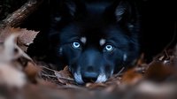 Black wolf with piercing blue eyes peering through autumn leaves, close-up portrait showing intense predator gaze against dark background.
