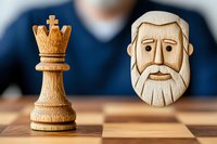 Wooden chess queen piece next to carved bearded man face on chessboard, showing contrast between game strategy and human element in competitive play.