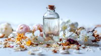 Clear glass bottle with cork stopper surrounded by delicate white flowers, dried petals, and botanical elements on light background for aromatherapy or natural cosmetics.