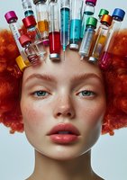 Creative beauty portrait featuring medical syringes and vials arranged as crown, with vibrant red curly hair, freckles, and bright blue eyes against light background.
