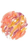Watercolor abstract circular composition with flowing coral, pink, yellow, and magenta hues blending organically on white background. Isolated artwork suitable for design projects.
