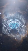 Glowing crab with luminescent turquoise shell and geometric patterns set against cosmic nebula background with stars and dust clouds for fantasy and astrology designs.