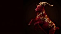 Red ornate bull with golden decorative patterns on dark background for Chinese New Year celebrations and zodiac themed designs.