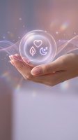 Hand holding glowing orb with heart, leaf, and crescent moon icons symbolizing wellness, nature, and mindfulness for healthcare and lifestyle concepts.