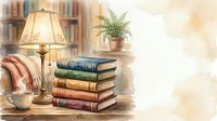 Stacked vintage books with brass lamp, fern plant, and cozy blanket on wooden desk in warm, neutral tones for home decor and literature themes.