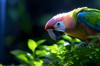 Colorful macaw parrot head close-up against dark background with green foliage. Vibrant feathers in pink, yellow and blue create dramatic wildlife portrait.