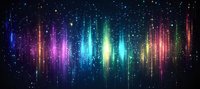 Colorful digital sound wave with glowing vertical light beams in rainbow spectrum on dark starry background. Perfect for music or audio visualization.