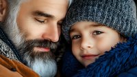 Tender moment between mature bearded man and young child wearing winter knit accessories. Close up portrait showing emotional connection and family bonding.