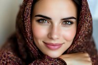 Young Middle Eastern woman wearing traditional brown headscarf with warm smile and striking green eyes. Natural makeup and gentle expression for cultural diversity content.