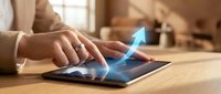 Professional businesswoman using digital tablet with glowing arrow graphics showing upward growth trend in modern office workspace for business analytics.