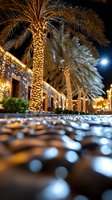 Illuminated palm trees with golden lights create magical atmosphere in urban plaza at night with bokeh reflections on wet pavement for holiday celebrations.