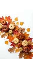 Autumn pumpkins and colorful fall leaves arranged on white background for seasonal decoration, thanksgiving crafts and harvest festival designs.