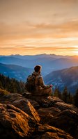 Male hiker meditating on mountain summit at golden hour sunrise with layered peaks and warm sky for wellness and adventure content.