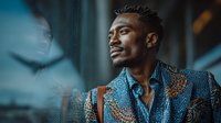 Young African American man in ornate blue jacket looking upward with confident expression in urban nighttime setting with neon lights and reflections.
