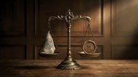 Vintage brass scales of justice on wooden desk in law office with warm lighting for legal concepts and attorney services.