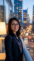 Professional Asian businesswoman in glasses smiling at modern office window with city lights background during evening hours for corporate success concepts.