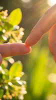 Close-up of human fingers touching delicate green foliage and small white flowers in sunlight, with bokeh background. Suitable for nature, wellness, and environmental concepts.