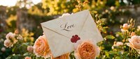 Vintage love letter with red wax seal surrounded by blooming peach roses in a sunlit garden, evoking romance and heartfelt emotion.