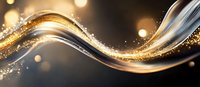 Elegant flowing golden and silver waves with sparkling glitter particles and bokeh effects on dark background create luxurious abstract design element.