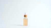 Amber glass dropper bottle with wooden cap on white background for skincare serum cosmetics packaging design mockup.