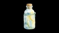 Watercolor glass bottle with cork stopper containing clear liquid and yellow-green botanical elements, isolated on transparent background. Ready for design use on t-shirts, stickers, clipart, print-on-demand products, and sublimation projects.
