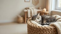 Adorable tabby kitten resting in wicker basket in cozy scandinavian style bedroom with natural light and wooden furniture for pet care concepts.