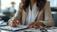 Professional Asian businesswoman in beige blazer writing notes at modern office desk, focused on document signing and business planning.
