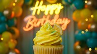 Lemon cupcake with yellow frosting and citrus slice in front of glowing Happy Birthday neon sign and colorful balloon decor.