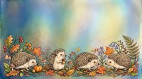 Young hedgehogs surrounded by autumn foliage, wildflowers, and mushrooms in watercolor style. Suitable for children's book illustrations, nursery decor, greeting cards, and educational materials.
