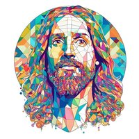 Colorful geometric portrait of bearded man with long hair in vibrant polygonal art style featuring rainbow triangular patterns and modern digital design.