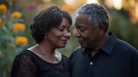 Mature African American couple sharing intimate moment outdoors at sunset, expressing love and tenderness against blurred garden background with orange bokeh lights.