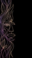 Mystical woman portrait with flowing hair and botanical elements in gradient line art on black background for spiritual wellness design.