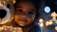 Young African American child smiling next to plush teddy bear with festive holiday lights creating warm bokeh background atmosphere.