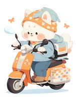Cute cartoon fox character riding orange delivery scooter wearing bandana and jacket, kawaii style illustration with butterflies on white background.