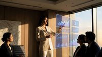 Professional businesswoman presenting financial data charts and graphs to corporate team in modern conference room during sunset meeting.