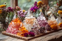 Crystal pyramid shapes with orange and pink mineral formations on wooden surface surrounded by colorful dried flowers create mystical healing atmosphere.