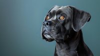 Black Cane Corso dog with amber eyes looking up against teal background, close-up portrait showing distinctive breed features and noble expression.