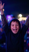 Excited young boy in hoodie celebrating with raised arms at night concert or festival with colorful stage lights and crowd in background.