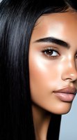 Close-up portrait of young Asian woman with flawless glowing skin, long straight black hair, and natural makeup showing side profile against light background.
